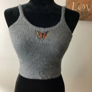 Hollister Gray Fuzzy Tank Top with Butterfly Embroidery